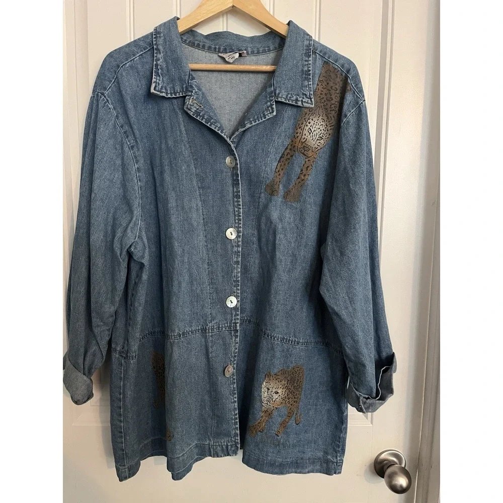Vintage Shacket Shirt Jean Western Leopard Cheetah Painted XXL‎ Denim Button 460